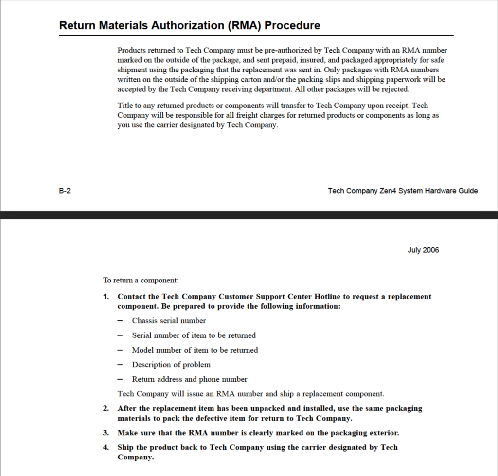 Tech Company's original Return Materials Authorization procedure